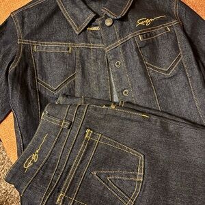 FUBU Dark Indigo Jeans / matching jacket with Gold Stitching Sz9 straight leg  M